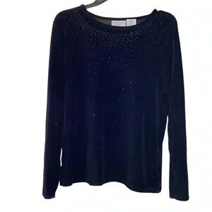 Jaclyn Smith Classic velvet Black, long sleeve, rhinestone embellished shirt L